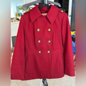 Designer Michael Kors Red Trench Coat with Gold Buttons